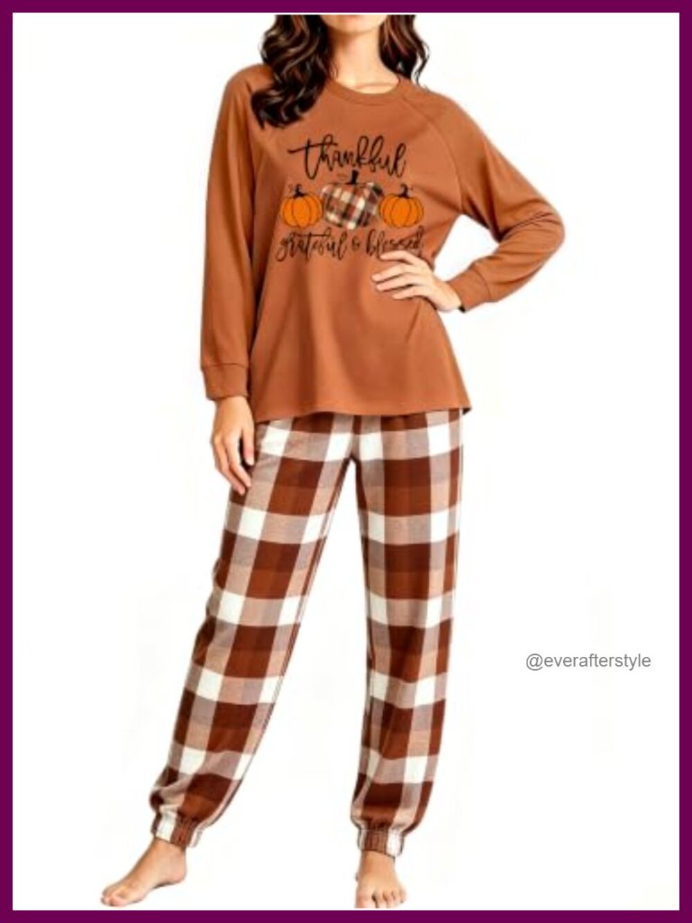 Women's Thankful Pumpkin Pajama Set Long Sleeve Top Jogger Pants Brushed Knit